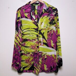 Alain Weiz Women Linen Button Front Shirt 2X Multi Color Abstract Avant Garde